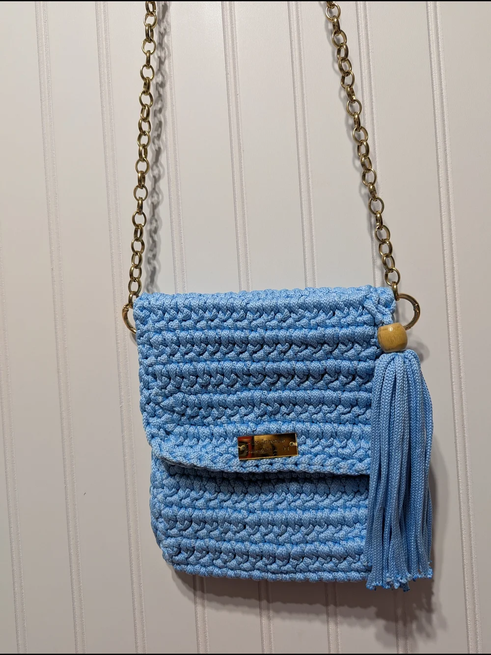 Handmade Light Blue Crochet Crossbody Bag with Tassel